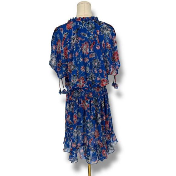 Misa Los Angeles Royal Blue Floral Print Chiffon Ruffle Mini Dress, Size L - Picture 4 of 8